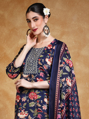 Varanga Floral Printed Thread Work Straight Kurta with Trousers & Dupatta