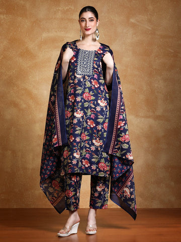 Varanga Floral Printed Thread Work Straight Kurta with Trousers & Dupatta