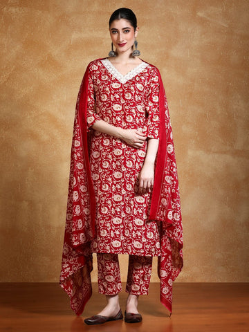 Varanga Women Floral Printed Regular Kurta with Trousers & with Dupatta