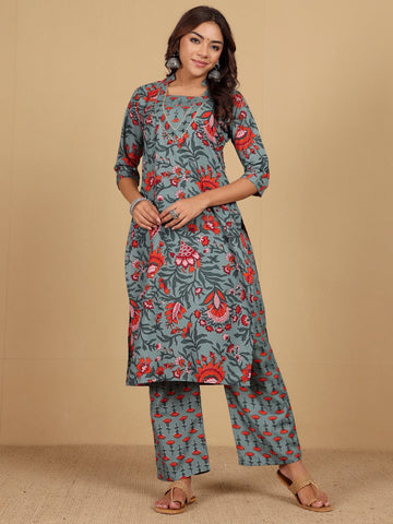Varanga Women Ethnic Floral Printed V Neck Kurta withTrouser & Dupatta
