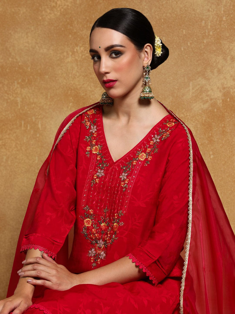Varanga Women Floral Motif Thread Embroidered Yoke Kurta with Trouser & Dupatta