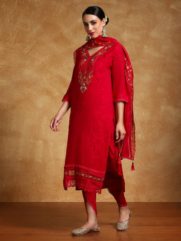 Varanga Women Floral Motif Thread Embroidered Yoke Kurta with Trouser & Dupatta