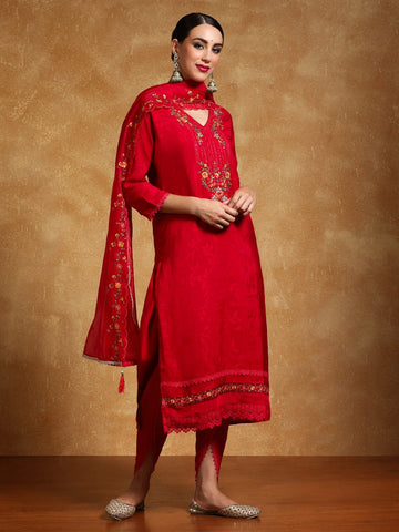 Varanga Women Floral Motif Thread Embroidered Yoke Kurta with Trouser & Dupatta