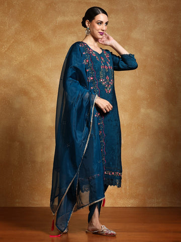 Varanga Women Floral Motif Thread Embroidered Yoke Kurta with Trouser & Dupatta