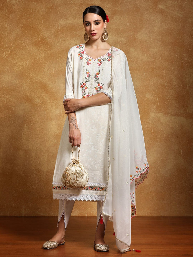 Varanga Women Floral Motif Thread Embroidered Yoke Kurta with Trouser & Dupatta