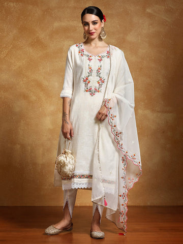 Varanga Women Floral Motif Thread Embroidered Yoke Kurta with Trouser & Dupatta