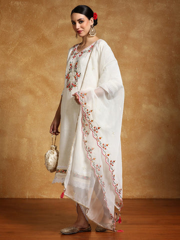 Varanga Women Floral Motif Thread Embroidered Yoke Kurta with Trouser & Dupatta