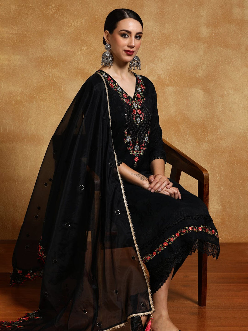 Varanga Women Floral Motif Thread Embroidered Yoke Kurta with Trouser & Dupatta