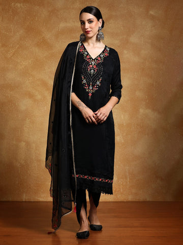 Varanga Women Floral Motif Thread Embroidered Yoke Kurta with Trouser & Dupatta