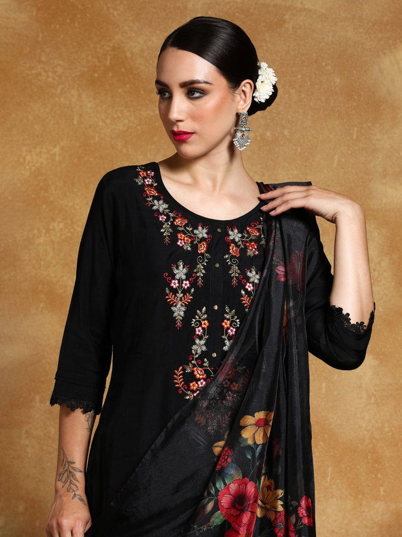 Varanga Women Floral Motif Thread Embroidered Yoke Kurta with Trouser & Dupatta