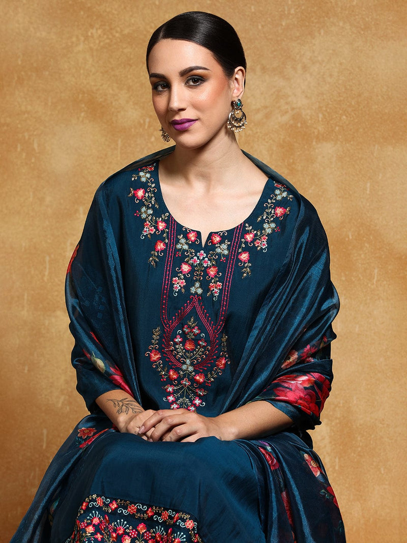 Varanga Women Floral Motif Thread Embroidered Yoke Kurta with Trouser & Dupatta