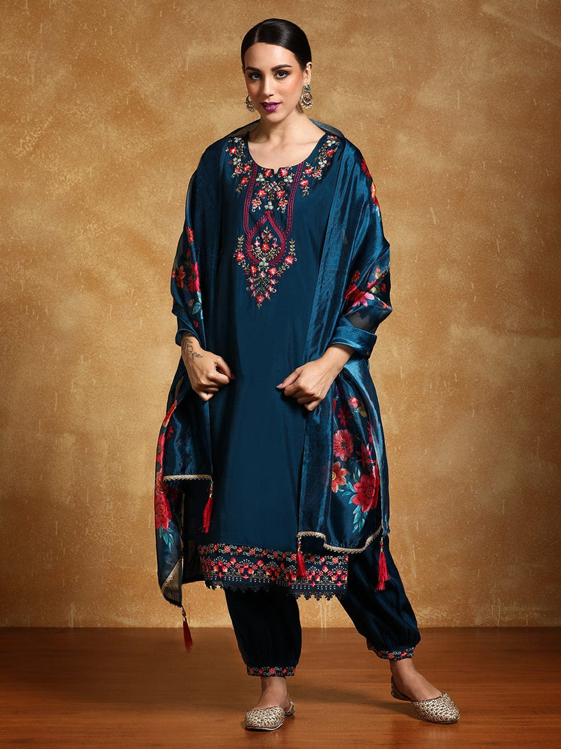 Varanga Women Floral Motif Thread Embroidered Yoke Kurta with Trouser & Dupatta