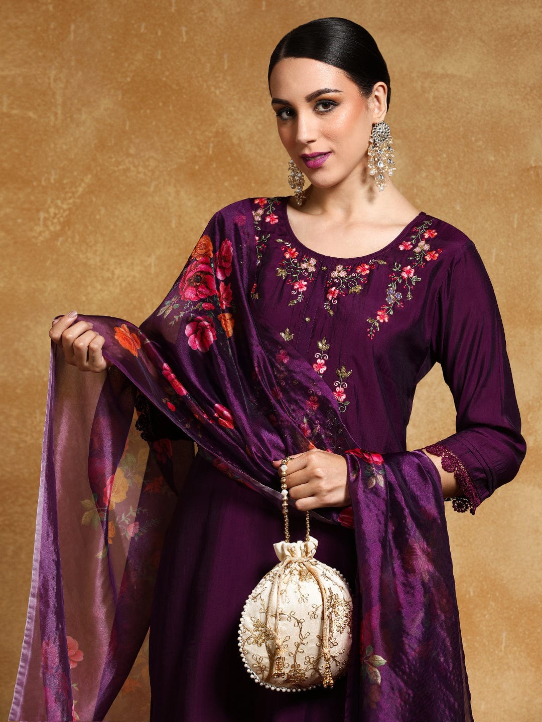 Varanga Women Floral Motif Thread Embroidered Yoke Kurta with Trouser & Dupatta