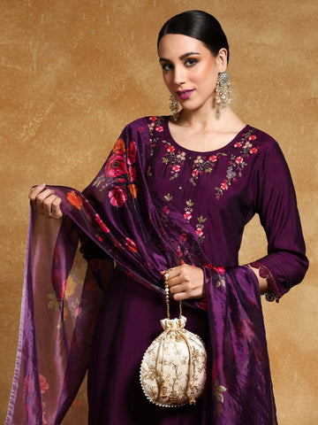 Varanga Women Floral Motif Thread Embroidered Yoke Kurta with Trouser & Dupatta