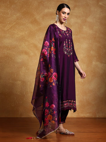 Varanga Women Floral Motif Thread Embroidered Yoke Kurta with Trouser & Dupatta