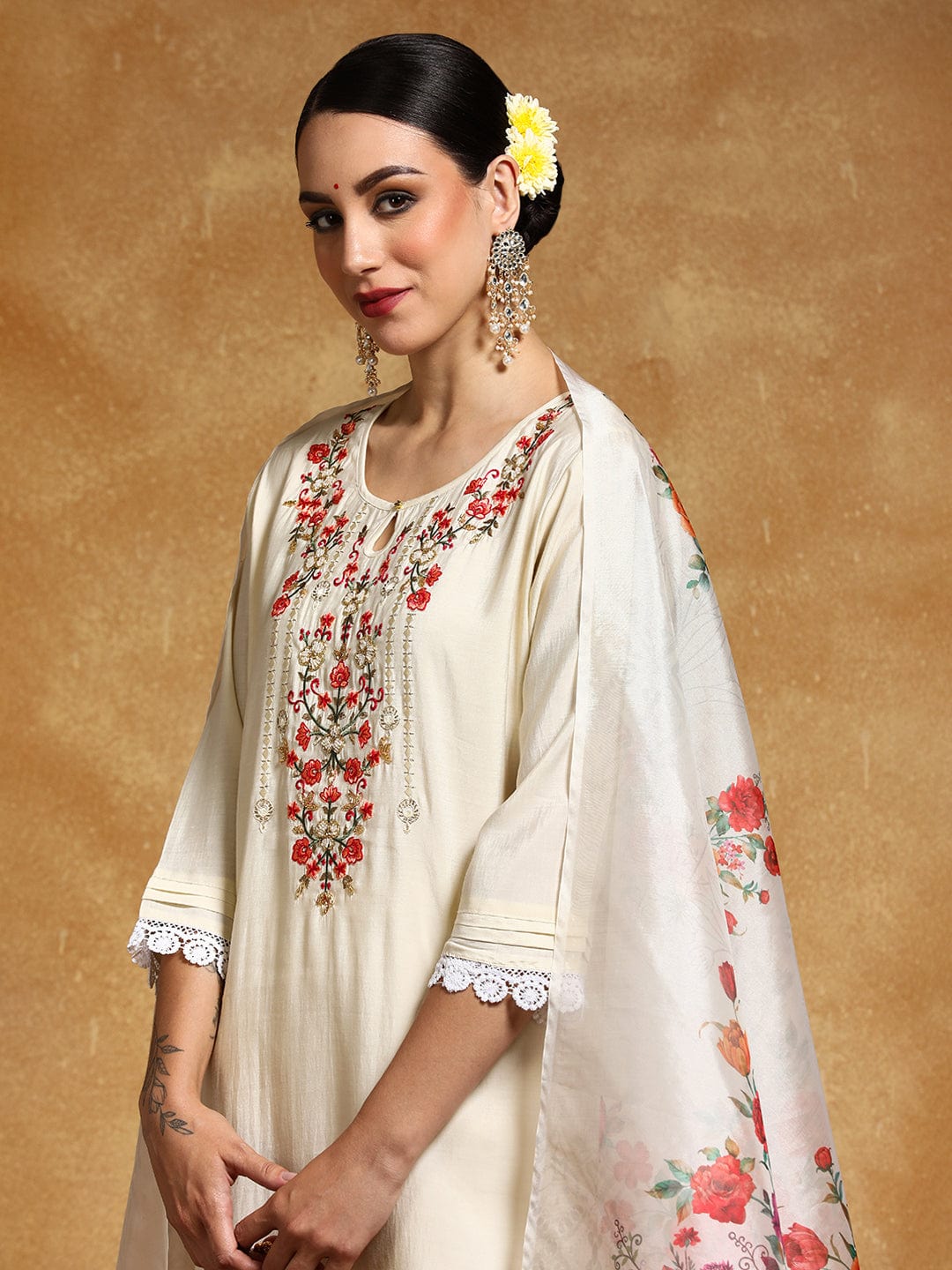 Varanga Women Floral Motif Thread Embroidered Yoke Kurta with Trouser & Dupatta