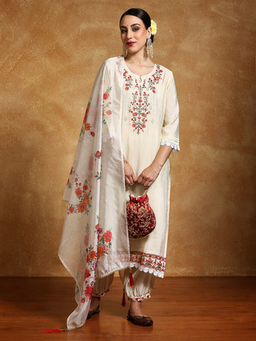 Varanga Women Floral Motif Thread Embroidered Yoke Kurta with Trouser & Dupatta
