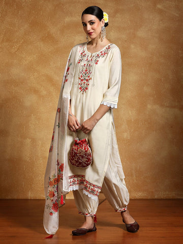 Varanga Women Floral Motif Thread Embroidered Yoke Kurta with Trouser & Dupatta