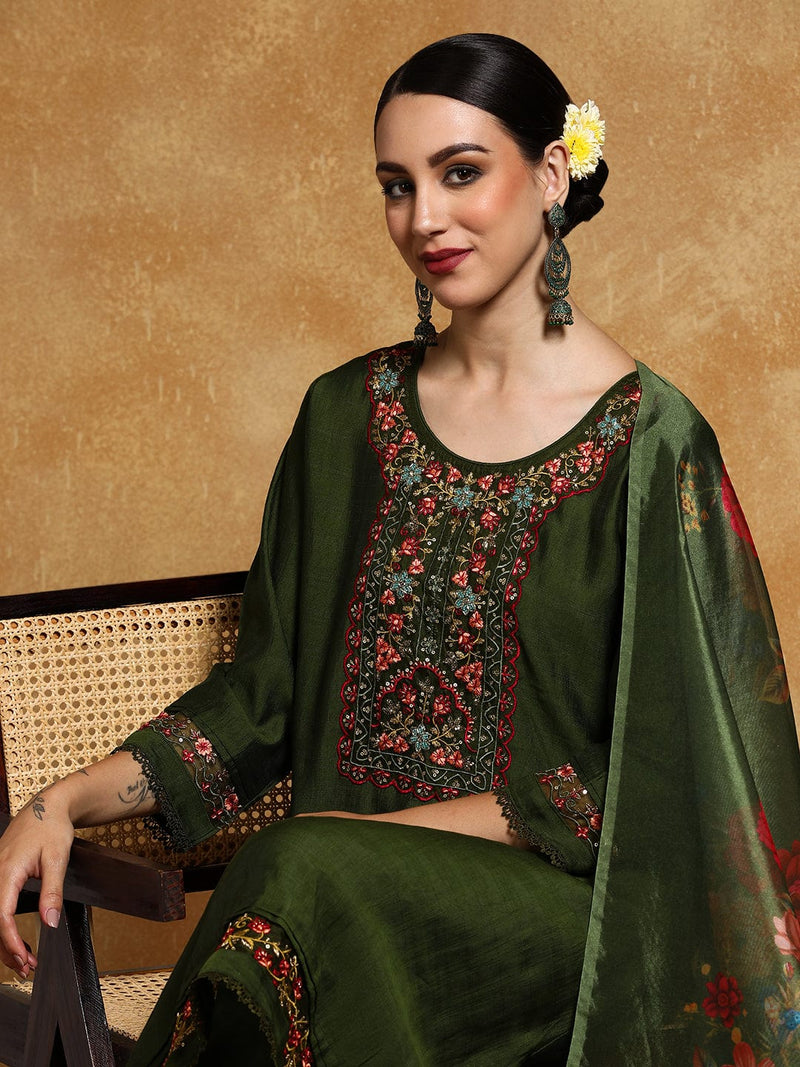 Varanga Women Floral Motif Thread Embroidered Yoke Kurta with Trouser & Dupatta