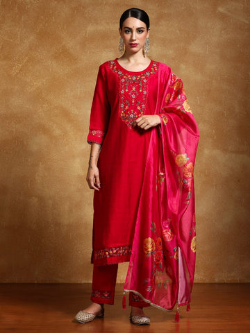 Varanga Women Floral Motif Thread Embroidered Yoke Kurta with Trouser & Dupatta