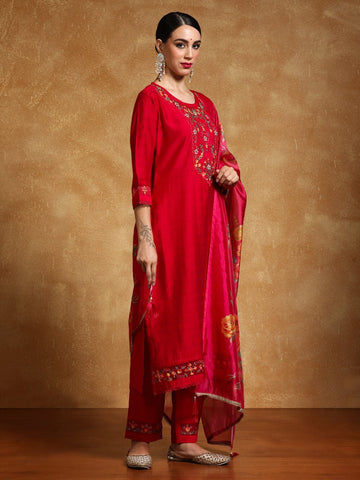 Varanga Women Floral Motif Thread Embroidered Yoke Kurta with Trouser & Dupatta