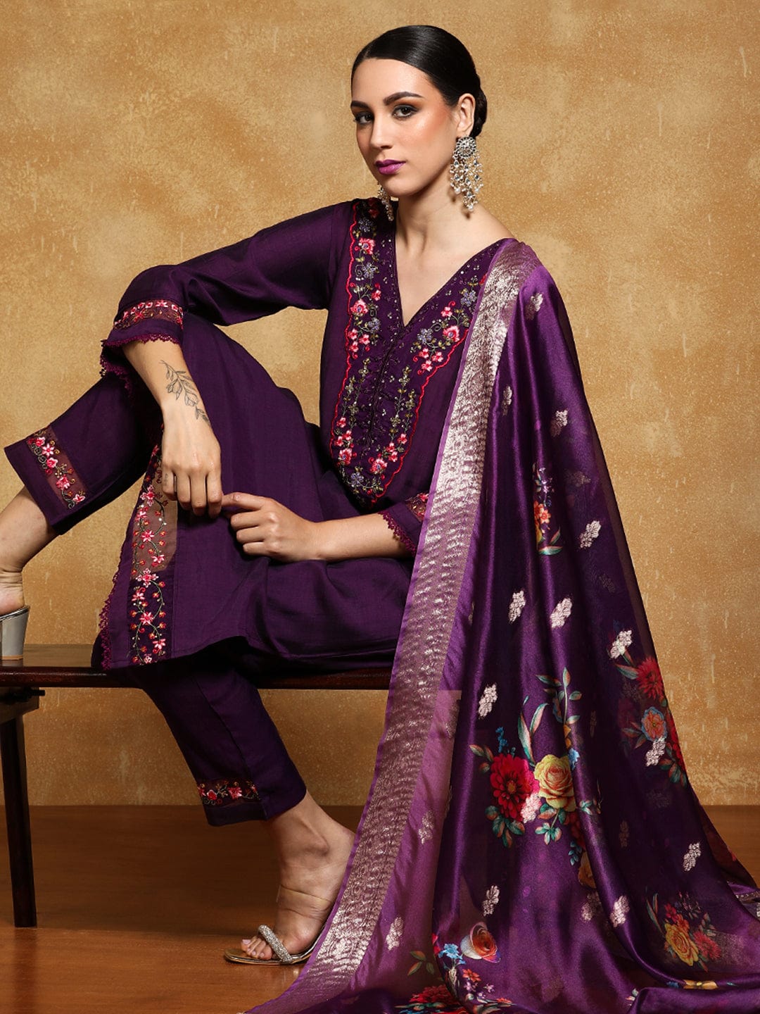 Varanga Women Floral Motif Thread Embroidered Yoke Kurta with Trouser & Dupatta