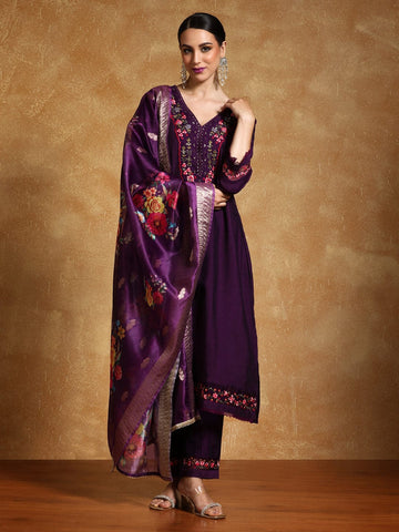 Varanga Women Floral Motif Thread Embroidered Yoke Kurta with Trouser & Dupatta