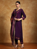 Varanga Women Floral Motif Thread Embroidered Yoke Kurta with Trouser & Dupatta
