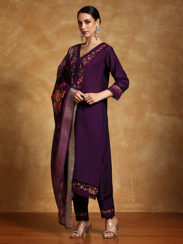 Varanga Women Floral Motif Thread Embroidered Yoke Kurta with Trouser & Dupatta