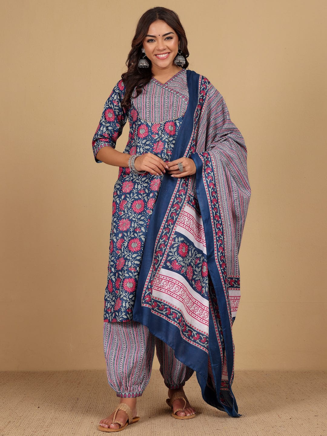 Varanga Women Ethnic Floral Printed V Neck Kurta With Stripper Trouser & Dupatta