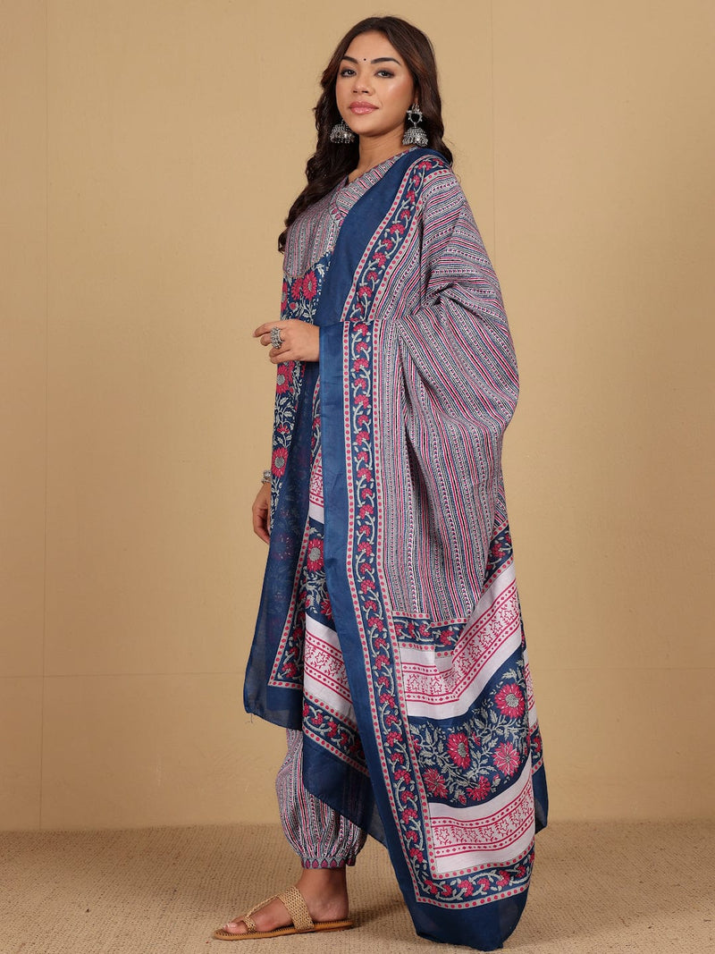 Varanga Women Ethnic Floral Printed V Neck Kurta With Stripper Trouser & Dupatta