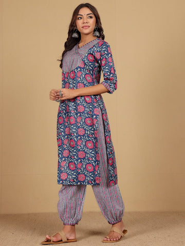 Varanga Women Ethnic Floral Printed V Neck Kurta With Stripper Trouser & Dupatta