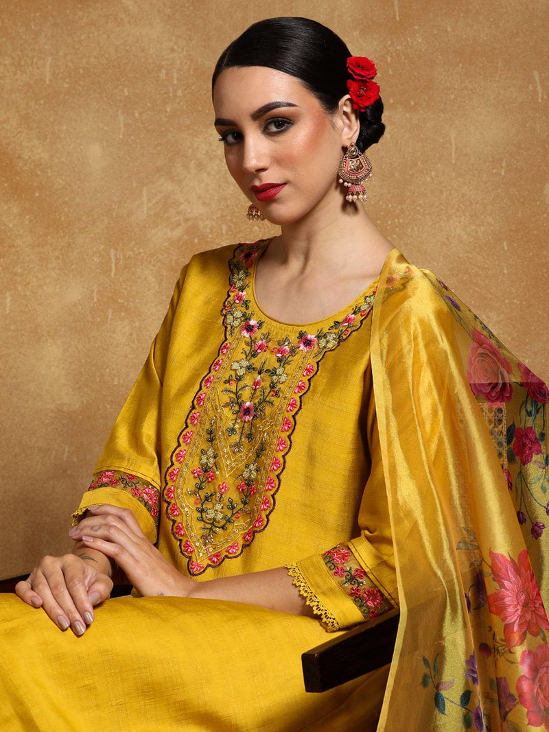 Varanga Women Floral Motif Thread Embroidered Yoke Kurta with Trouser & Dupatta