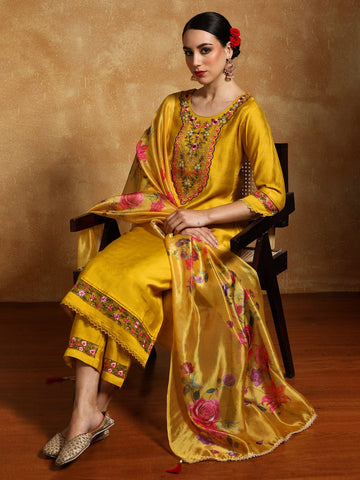 Varanga Women Floral Motif Thread Embroidered Yoke Kurta with Trouser & Dupatta
