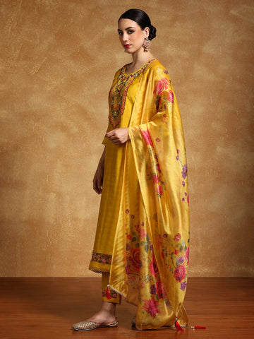 Varanga Women Floral Motif Thread Embroidered Yoke Kurta with Trouser & Dupatta