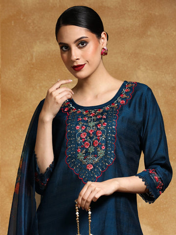 Varanga Women Thread Embroidered Yoke with All Over Floral Motif Buta Kurta with Trouser & Dupatta