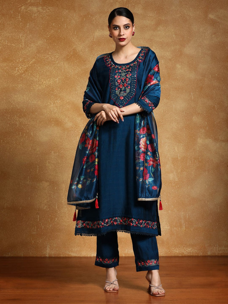 Varanga Women Thread Embroidered Yoke with All Over Floral Motif Buta Kurta with Trouser & Dupatta