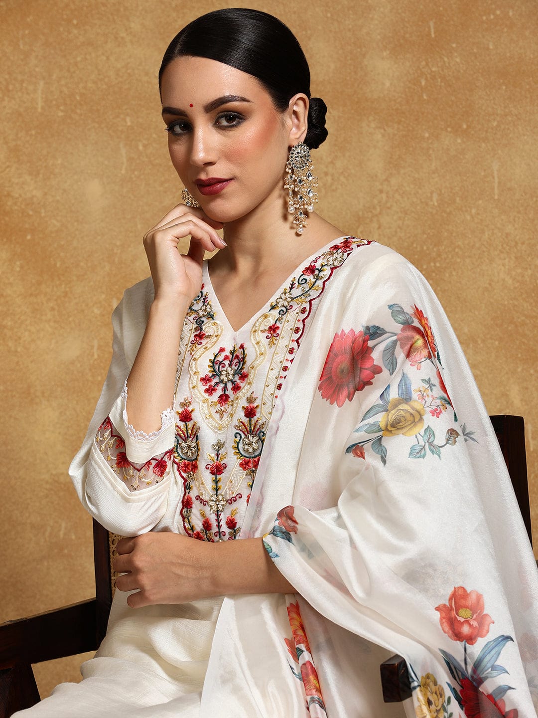 Varanga Women Thread Embroidered Yoke with All Over Floral Motif Buta Kurta with Trouser & Dupatta