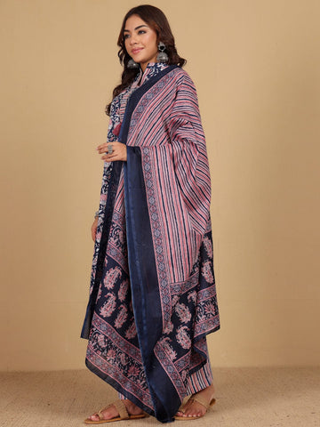 Varanga Women Ethnic Floral Printed Mandarin Collar Kurta With Stripper Trouser & Dupatta