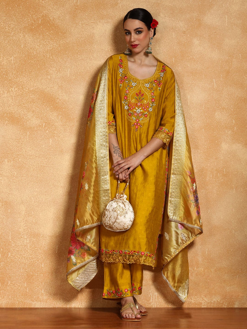 Varanga Women Floral Motif Thread Embroidered Yoke Kurta with Trouser & Dupatta