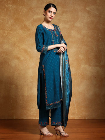 Varanga Women Floral Motif Thread Embroidered Yoke Kurta with Trouser & Dupatta