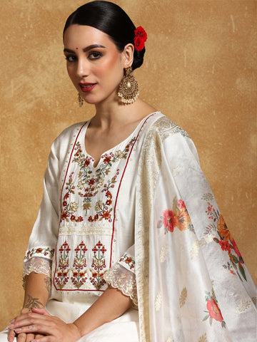 Varanga Women Floral Motif Thread Embroidered Yoke Kurta with Trouser & Dupatta