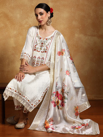Varanga Women Floral Motif Thread Embroidered Yoke Kurta with Trouser & Dupatta