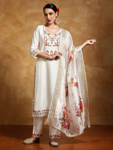 Varanga Women Floral Motif Thread Embroidered Yoke Kurta with Trouser & Dupatta