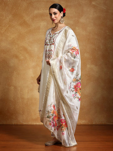 Varanga Women Floral Motif Thread Embroidered Yoke Kurta with Trouser & Dupatta