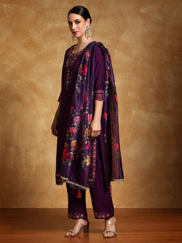 Varanga Women Floral Motif Thread Embroidered Yoke Kurta with Trouser & Dupatta