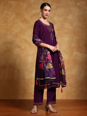 Varanga Women Floral Motif Thread Embroidered Yoke Kurta with Trouser & Dupatta