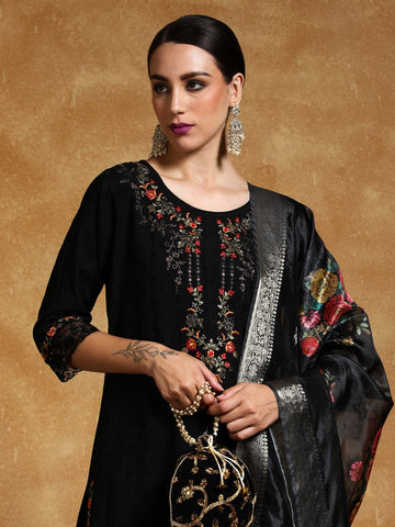 Varanga Women Floral Motif Thread Embroidered Yoke Kurta with Trouser & Dupatta