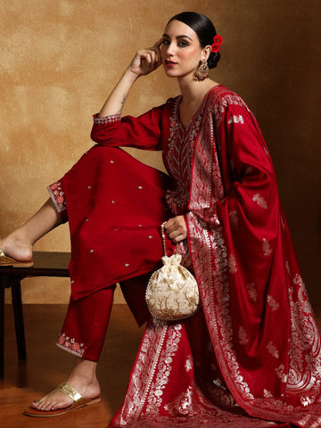 Varanga Women Zari Embroidered Yoke with All Over Floral Motif Buta Kurta with Trouser & Dupatta