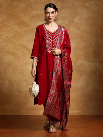 Varanga Women Zari Embroidered Yoke with All Over Floral Motif Buta Kurta with Trouser & Dupatta